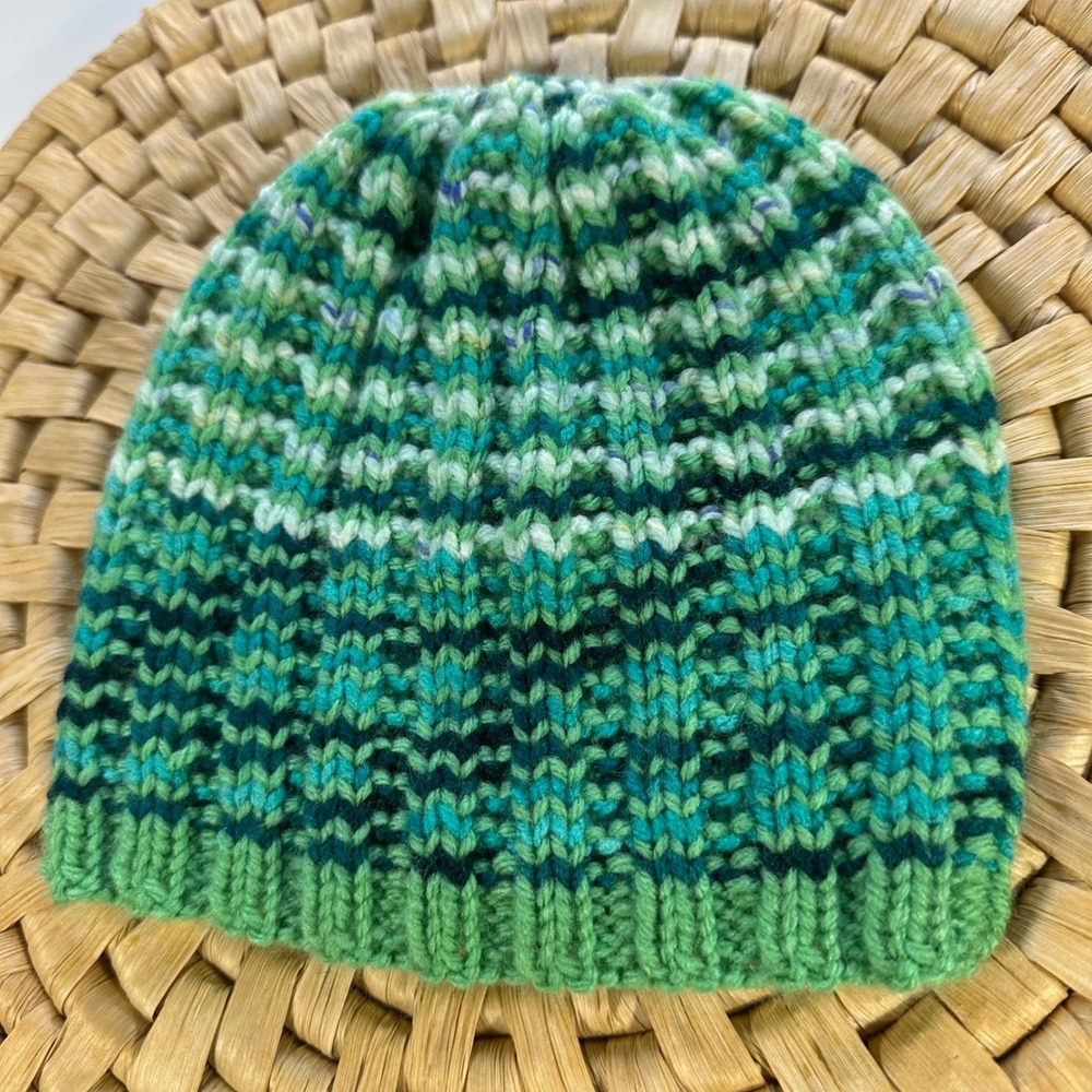Kids Green Knit Hat Beanie Striped Pattern Warm Winter‎ Cap handmade